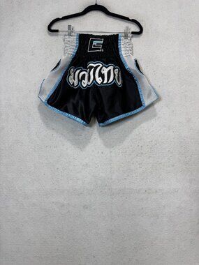 Combat CRNR Muay Thai Shorts Mens Small Black Blue Satin MMA Kickboxing
